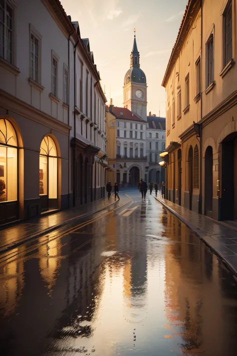 Oil painting of a sunset in a European city from the 40s, with beautiful neoclassical and French buildings, The afternoon is rainy and you can see the reflections of people on the pavement, you can see the sun, Elegant atmosphere, many details , Render Lum...