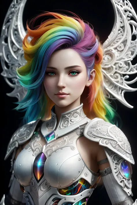 A closeup of a woman with rainbow-colored hair, intrincada armadura de opala iridescente, arte de fantasia digital ), arte de fantasia digital colorida, personagem de fantasia hiperdetalhado, menina bonita do anjo do ciborgue, epic fantasy HD art style, Re...