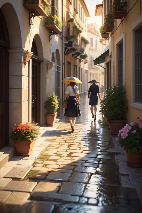 Oil painting of a sunset in a Mediterranean city on the seashore, with many flowers, The afternoon is rainy and you can see the reflections of people on the stone floor, you can see the sun, Elegant atmosphere, many details , Render Lumion 8K, Render unrea...