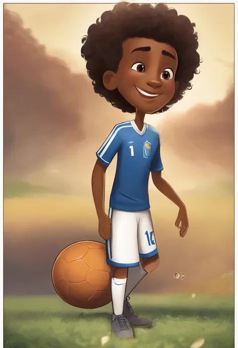 Generate an image of the character "Dudu" from the book "Dudus Journey - Volume 1: The Journey Begins." Dudu is an 8-year-old boy with a deep love for soccer. He is described as determined, with bright eyes filled with hope. He has dark, messy hair, tan sk...