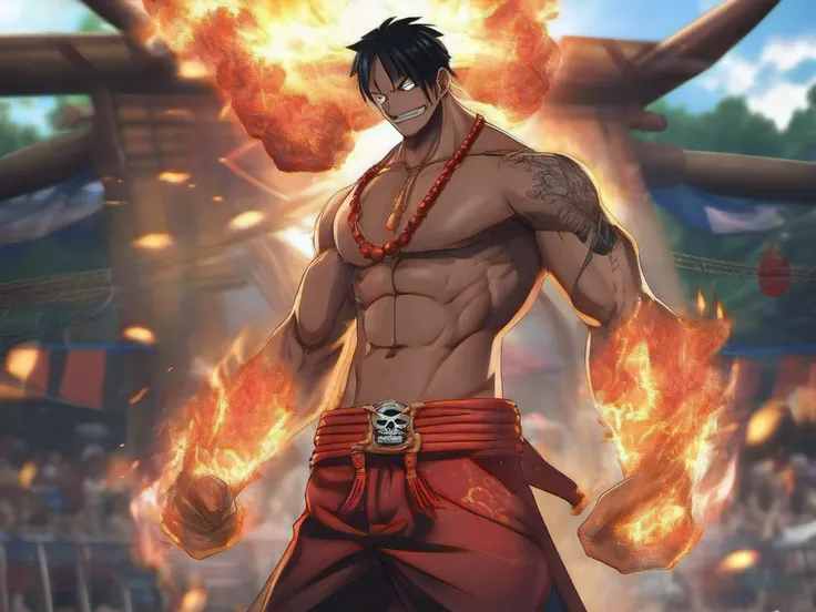 Masterpiece, epic quality, One Piece, strong muscles, shirtless male, ((looking at the audience)), (Red Bead Necklace: 1.4), (Goat Skull Pendant: 1.4), (Energy Burst: 1.4), (Fire Haunted: 1.4), blazing fire, solo, arm tattoo, black shorts, belt, summer bea...