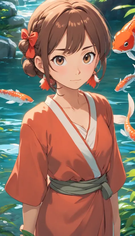 Film image quality，Animation by Hayao Miyazaki，Miyazaki animation style，Miyazaki animated film，3D Movies，Estilo chino，Girl with short braids standing in front of a huge koi，mar hinchado，Profundidad de campos，Luz alta，Luz real，Trazado de rayos，OC renderizad...