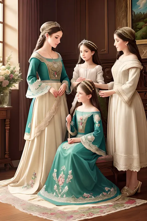 cartoon style (high resolution: 1.2),Happy moment, medieval mother and three daughters, go shopping at village market, cheer, bunnies and duck, beautiful detailed eyes, lush green garden, long flowing hair, traditional medieval clothes, castle in the backg...