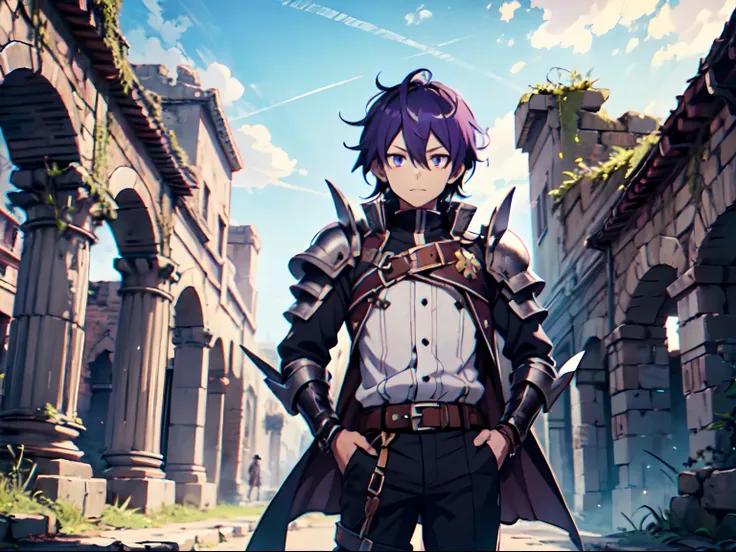 Ultra High Definition, Ultra High Quality, Extremely Detailed, 8k, 1 Boy, Rudeus Greyrat From Mushoku Tensei Anime, Handsome, Armored With War General Armor, Pure Purple Pupil Eyes, Long Haired Tied With Chinese Hairpin, Body To Legs Body Shot, Ancient Rui...