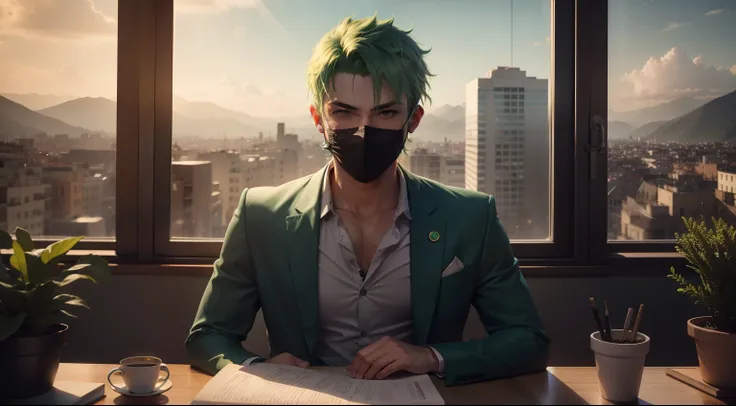 A man with a green hair wearing a mask. A window behind the man with beautiful view outside. Night