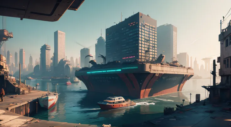 port for boats in a city destroyed cyberpunk