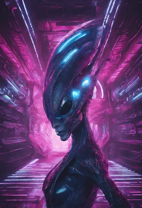 A blue alien with an elongated head of light, Eyes, big nose, small, slender body enter a starship wearing a realistic futuristic alien costume, a hyper-detailed alien, pink and purple and alien, alien looking, space alien Ete-Grey , Portrait of a large al...