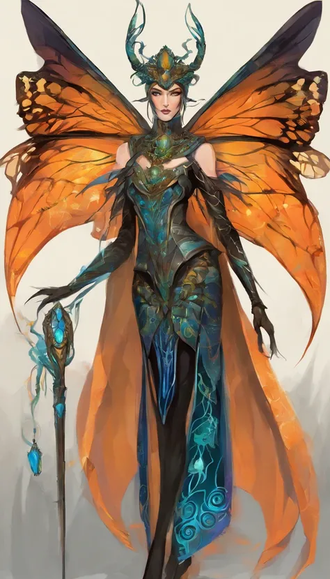 mantis queen, insect features, butterfly wings, four eyes, glowing eyes, jewel-tone armored dress, blue skin, alien face, iridescent shading, schwarzes Haar mit Pferdeschwanz, der mit einem gelben Band befestigt wird, hellblaue Augen, (Black Tribal Costume...