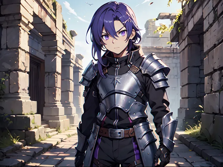 Ultra High Definition, Ultra High Quality, Extremely Detailed, 8k, 1 Boy, Rudeus Greyrat From Mushoku Tensei Anime, Handsome, Armored With War General Armor, Pure Purple Pupil Eyes, Long Haired Tied With Chinese Hairpin, Body To Legs Body Shot, Ancient Rui...