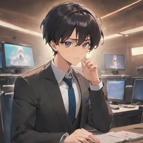 top-quality,1 male, A dark-haired, black eyes, suits,SNS icon,Facing the computer,Refreshing smile,Mature atmosphere,White Y-shirt,35 year old,neck tie,trust