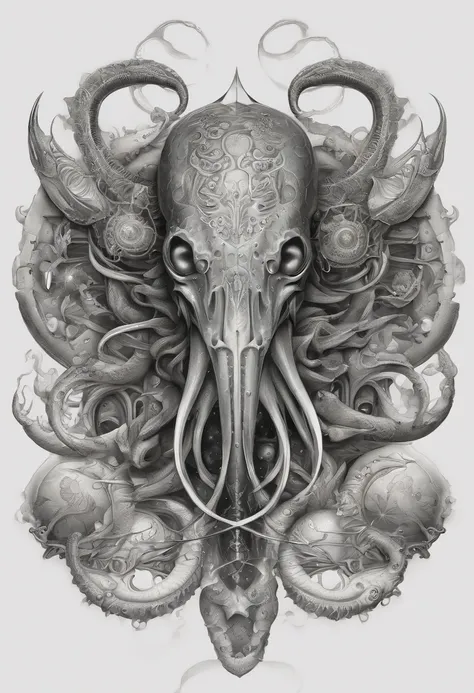 Create a tattoo by mixing biomechanical elements with sea beings