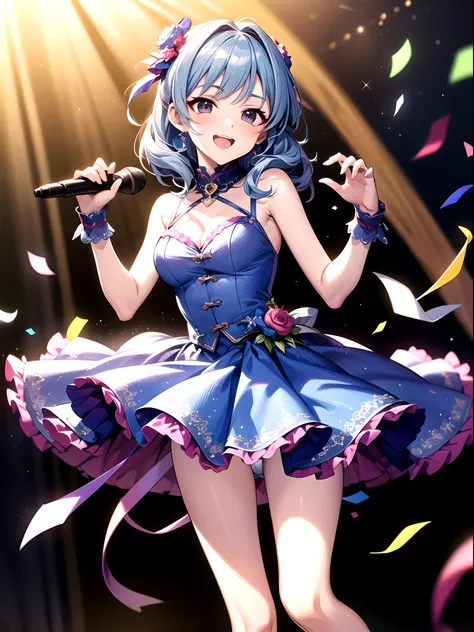 Idol girl in dress dancing on stage with confetti, Long light blue hair、Twin-tailed、Black eyes, Detailed key anime art, official artwork, idolmaster, Cute, Gorgeous and cute white and red dress、Hands up、jumpping、hight resolution、The best smile、cleavage of ...