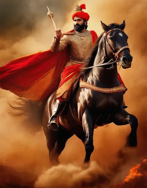 Portrait of the Valiant: King Shivaji, adorned in regal armor, rides fearlessly through the midst of a fierce battle, his majestic horse galloping with a fiery determination. The clash of swords, billowing smoke, and war-torn backdrop add intensity to this...