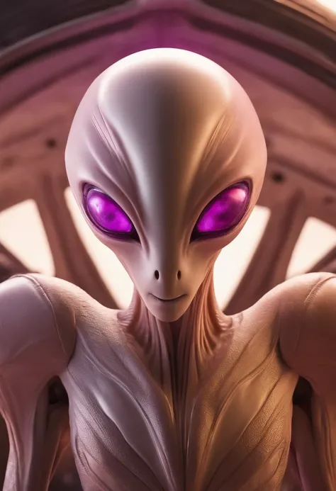 An albino alien with an elongated head, olhos grandes, nariz pequeno , pequeno, Slender body enters a starship wearing a realistic futuristic alien suit, a hyper-detailed alien, pink and purple and alien, alien looking, space alien Ete-Grey , Portrait of a...