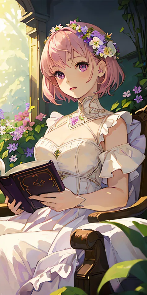 (masterpiece, best quality),1girl with short pink hair and purple eyes sitting in a field of green plants and flowers, her hand under her chin, warm lighting, white dress, flower in hair, book on her lap, medium breast size