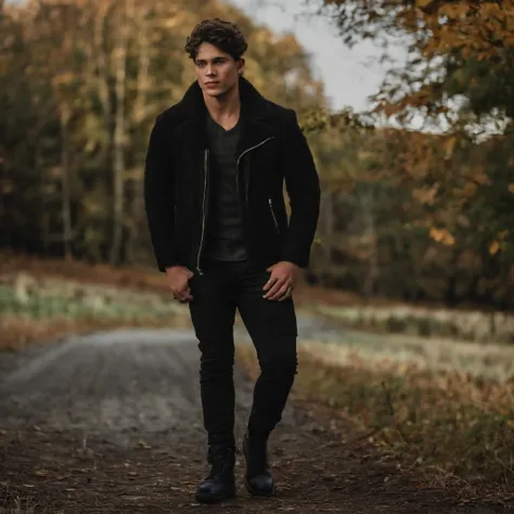 18 year old male with messy black hair and green eyes, he is tall and muscular. He is wearing a black leather jacket, black jeans and black leather boots . He is wearing a beanie. Vermont in the fall.