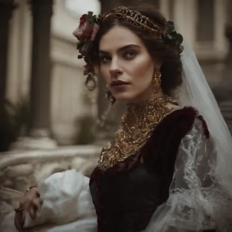 Beautiful woman with glass in her eyes, sad, depressed, melancholy, decay, flowers, feathers, paint, blurry vision, baroque, ornate clothing, gothic, rich deep colors, photorealism, epic, cinematic, masterpiece, elegant, highly detailed, sharp focus, tears...