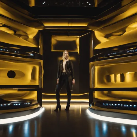 Blond woman face, black futuristic suit, electronic devices, led screens, laboratory, computers everywhere, long lent 150mm, bokeh, yellow background, glass spheres, glows, giant robots on back of the woman