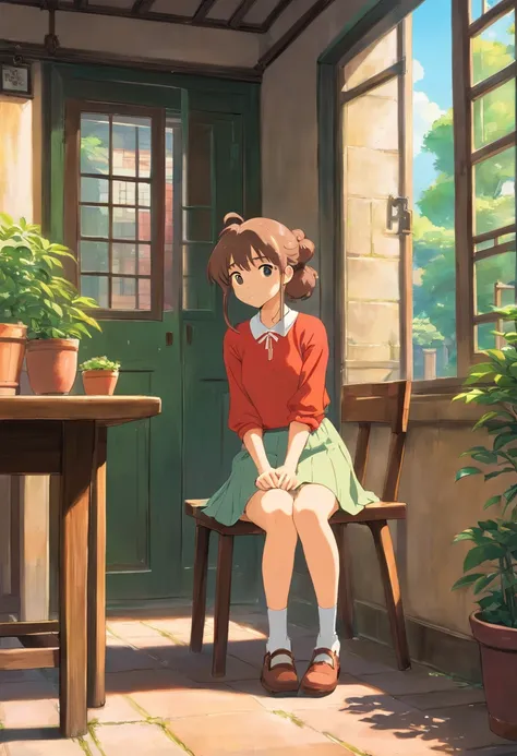 18 year old girl, With hair up to back, Wear skirt, Introverted, Sitting on the school chair overlooking the courtyard, Sad, anime style