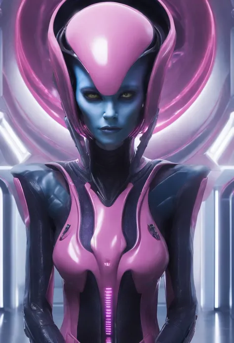 A short blue alien slender body master mentor wise suit master with an elongated head of light, olho, nariz grande, pequeno, Slender body enters a starship wearing a realistic futuristic alien suit, a hyper-detailed alien, pink and purple and alien, alien ...