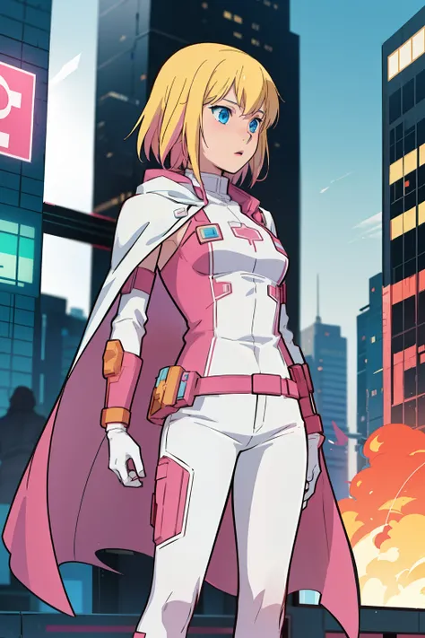 solo, 1girl, (masterpiece), ((16 year old appearance)), Blonde hair, Medium hair, blue eyes, anime girl,  pink super hero uniform with white pants, hero cape, small breasts, cyberpunk city, nigth