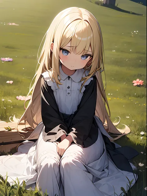 Little cute girl 5 years old, blonde woman, long straight hair, Old dress; outcast; Sad, Sitting alone on the grass, pulling your knees up to your chest, looks sadly at the camera, In the background, many children play without it; Full-length photograph fr...