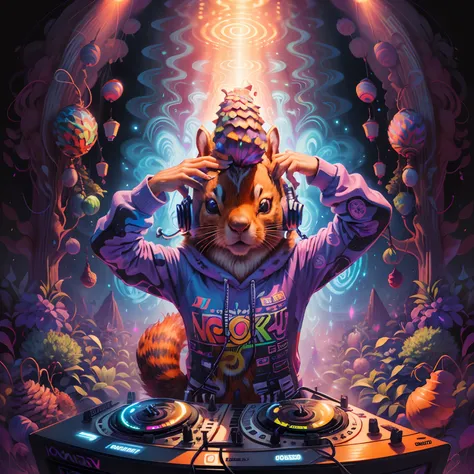 A neopunk DJ squirrel unleashes an electrifying and psychedelic performance, captivating the audience with mind-bending beats. The vibrant colors and pulsating rhythms create a hypnotic atmosphere, acorns, pine cones