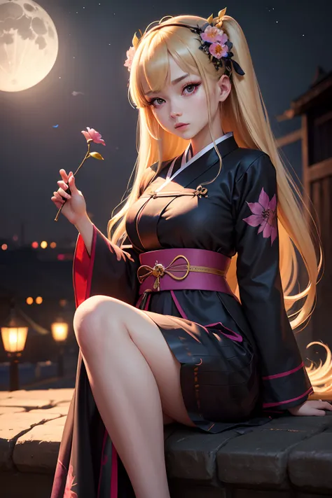 masutepiece, Best Quality, 1girl in, faust, Ahegao, Portrait, Face, Best Quality, high_resolution, Distinct_image, Detailed background ,girl, hanbok,flower,garden,Moon, Night,Dutch Angle, Wide Shot, diadems, a blond,Twin-tailed,Sitting girl,