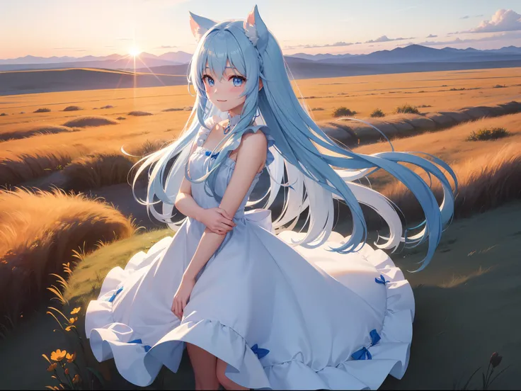 Steppe at sunset　Pretty girl　Light blue long hair　Twin-tailed　A charming smile　White and blue dress　Face Highlights