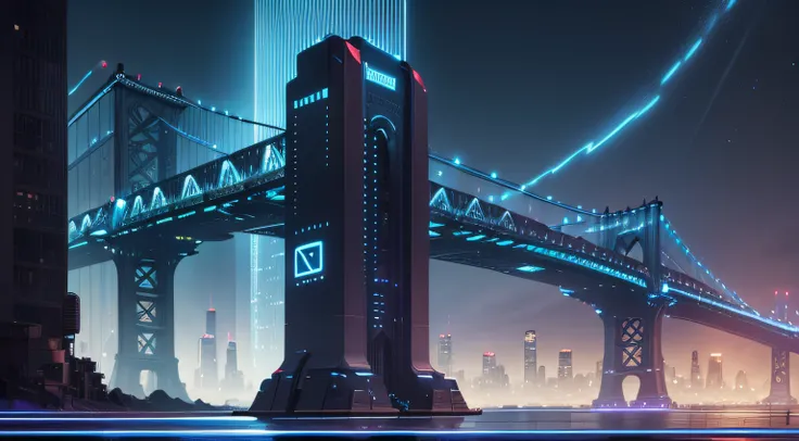 A futuristic version of the Manhattan Bridge in the landscape of New York City, jazz feito de luz neon azul em uma rua escura e chuvosa de uma cidade cyberpunk. Ao seu redor, hologramas de notas musicais flutuam e brilham suavemente, cartoon