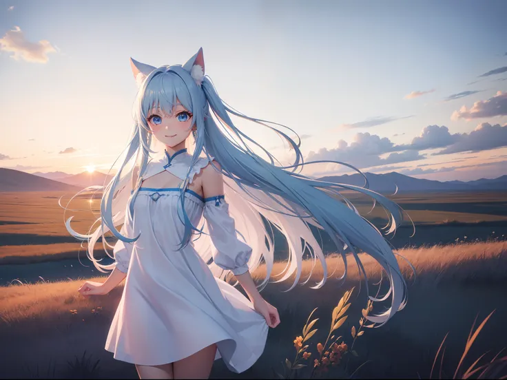 Steppe at sunset　Pretty girl　Light blue long hair　Twin-tailed　A charming smile　White and blue dress　Face Highlights