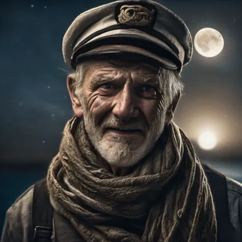 award winning upper body portrait photo of a man an old screaming sailor, wearing scarf, eyes looking upwards, (bokeh:0.7), sidelit, (wrinkled face in detail:0.7), telephoto, moonlit, torchlit, gritty atmosphere, oceanic night exterior, realistic, intricat...