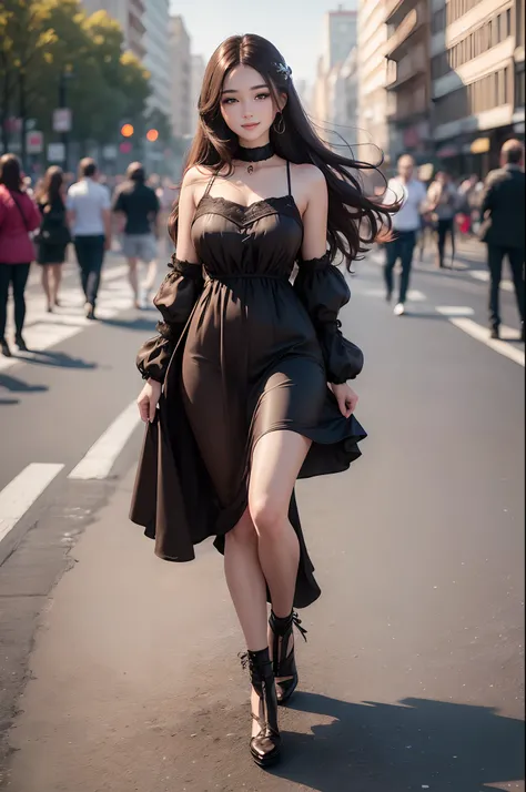 ((Best quality, 8k, Masterpiece :1.3)), 1girl, smiling, full body, slim face, Pretty woman, (Dark brown hair), full length dress :1.1, Ultra-detailed face, Detailed eyes, Double eyelid, blur background, slim face, city, outside, street,