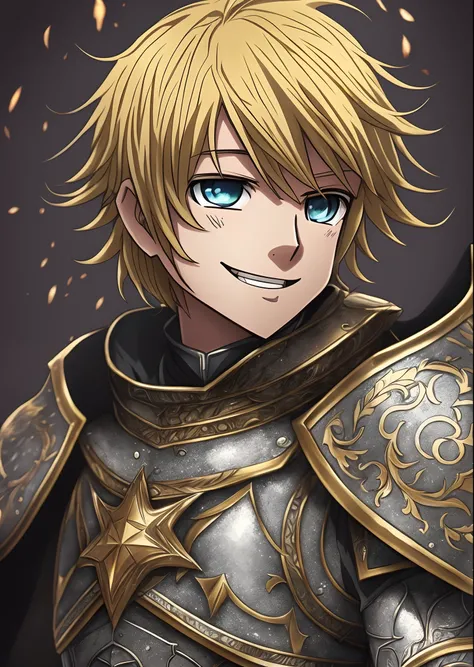 a blond kid wearing knight armor, happy face expression, anime art --auto --s2