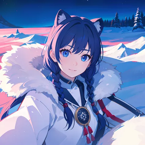 (cute,beautiful) alaskan native girl,alaskan inuk,indigenous alaskan girl,eyes,limited edition print,innocent smile,long hair,braids,patterned parka,snowy landscape,polar bear fur details,masterpiece:1.2,ultra-detailed,realistic:1.37,HDR,UHD,studio lightin...