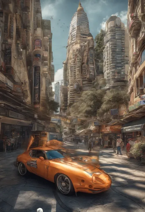 O Inteiro Grandioso e Realiata de uma rua em uma Cidade Gallifreyana Grandiosa Futuristica laranja dourada.