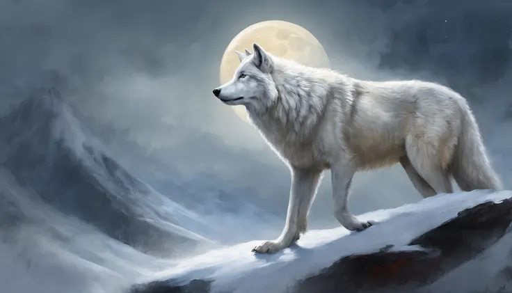 White wolf standing in front of a moon，The volcano ahead erupts with swirling magma，The sky is dark red，Away from the crater is endless black，In front of this white wolf, Countless beast-shaped black shadows rushed towards it，This white wolf was not afraid...