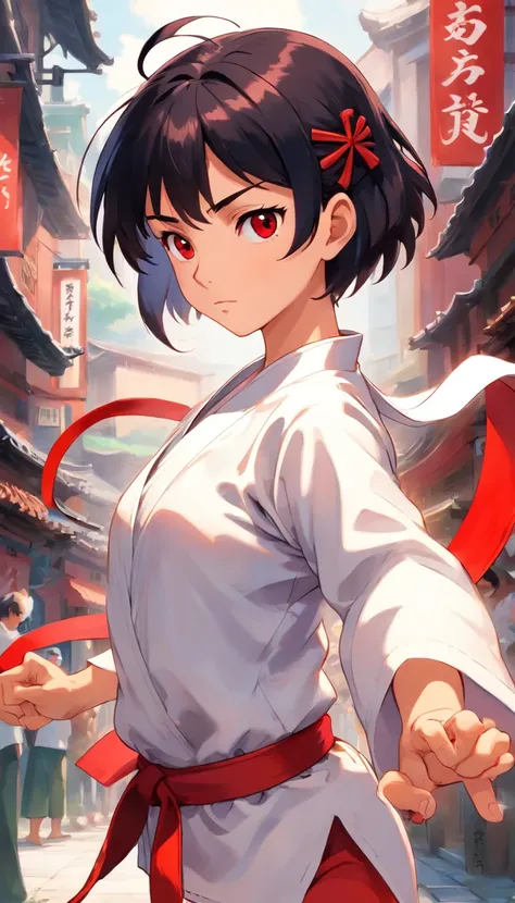 Young Woman in Anime, Wearing a white karate costume, Red minor and short black hair, Concentrated energy, street fighter, Random Karate Pose, (intricate detailes), nffsw, (intricate detailes, super-fine: 1.2), video, middle,