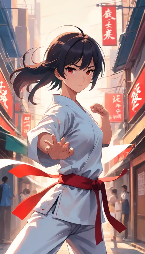 Young Woman in Anime, Wearing a white karate costume, short black hair with red minor,, Concentrated energy, street fighter, Random Karate Pose, (intricate detailes), nffsw, (intricate detailes, super-fine: 1.2), video, middle,