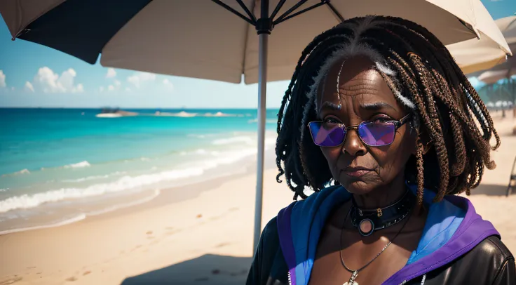 old woman, dark skin, at the beach, cyberpunk