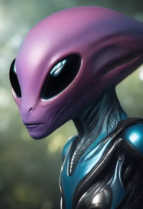 A blue alien with an elongated head of light, olho, nariz grande, pequeno, Slender body enters a starship wearing a realistic futuristic alien suit, a hyper-detailed alien, pink and purple and alien, alien looking, space alien Ete-Grey , Portrait of a larg...