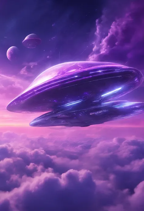 Futuristic alien ships flying above the clouds, dim sky, purple lighting, chuva,lightnings, hyper realistic, altamente detalhado,8