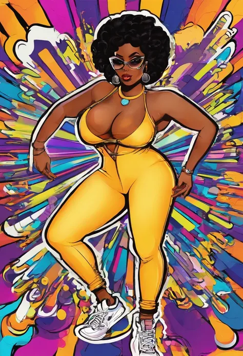 Super sexy black woman with huge tits small chibi cartoon huge eyes and big lips wearing lycra pants and sneakers and sheer white bodysuit