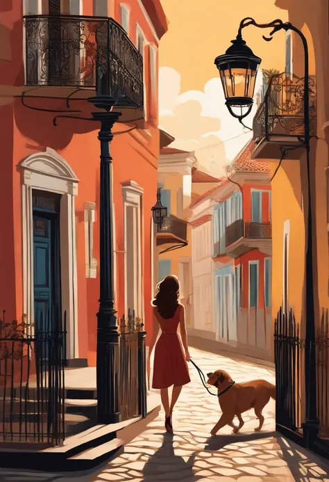 A girl leads a dog next to an electric pole, on a street with historic colonial mansions , Architectural style Portuguese dating from the 18th century，Hand Painted Style