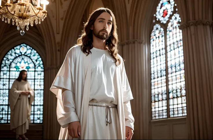 Jesus with long hair pale man with a silver garment and with a golden scale