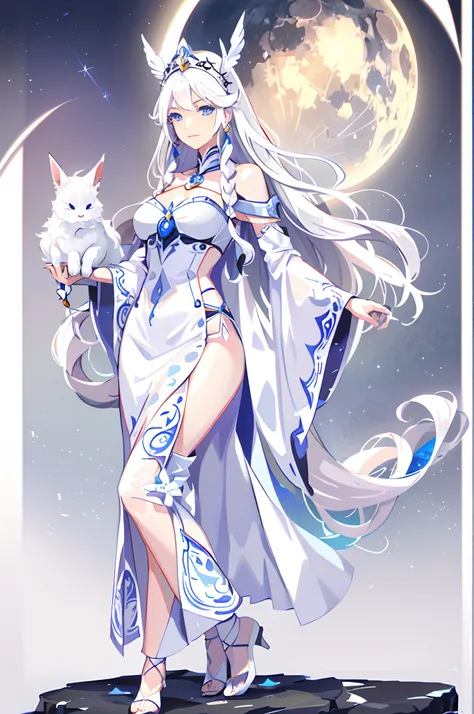 Moon goddess in beautiful dress. White Dress, She holds a white rabbit in her arms, art by:Musifer, Mystical, She is fascinated, magical light, 32K resolution, of the highest quality, Dynamic Pose, actionpose, Zerven Rivafiel, Color Fragments, sketchbook, ...