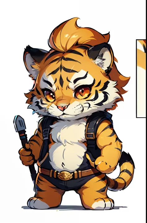 1young tiger, baby face tiger ,chibi, anthropomorphic, golden fur, big red eyes,warrior with one weapon, character 1:1,  simple ...