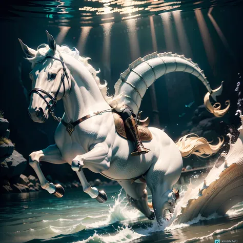 Create an incredibly realistic underwater image, foco corpo inteiro no centro , ultra-detalhada e intrincada imagem de |um belo guerreiro |armas espada e escudo bem definidos| Looking at camera |cavalgando um Hippocampus da mitologia, hybrid horse, metade ...