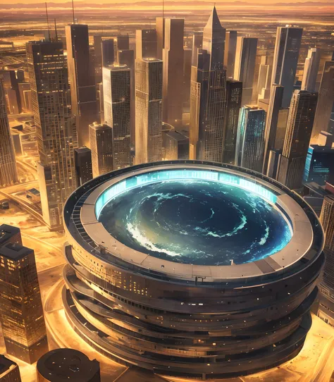 an upper view, sky view of a big modern isolated round city that is surrounded by a wall that divides it from a desert, beautiful realistic lighting