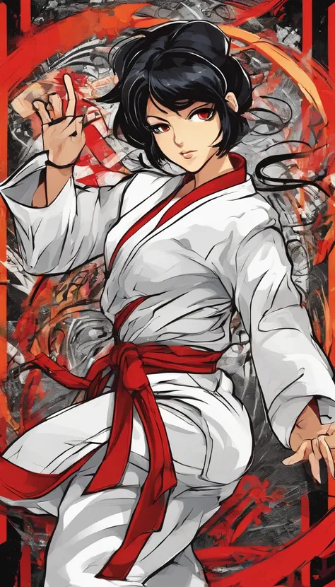 Young Woman in Anime, Wearing a white karate costume, Short black hair in red minor,, Concentrated energy, street fighter, Random Karate Pose, (intricate detailes), nffsw, (intricate detailes, super-fine: 1.2), video, middle,